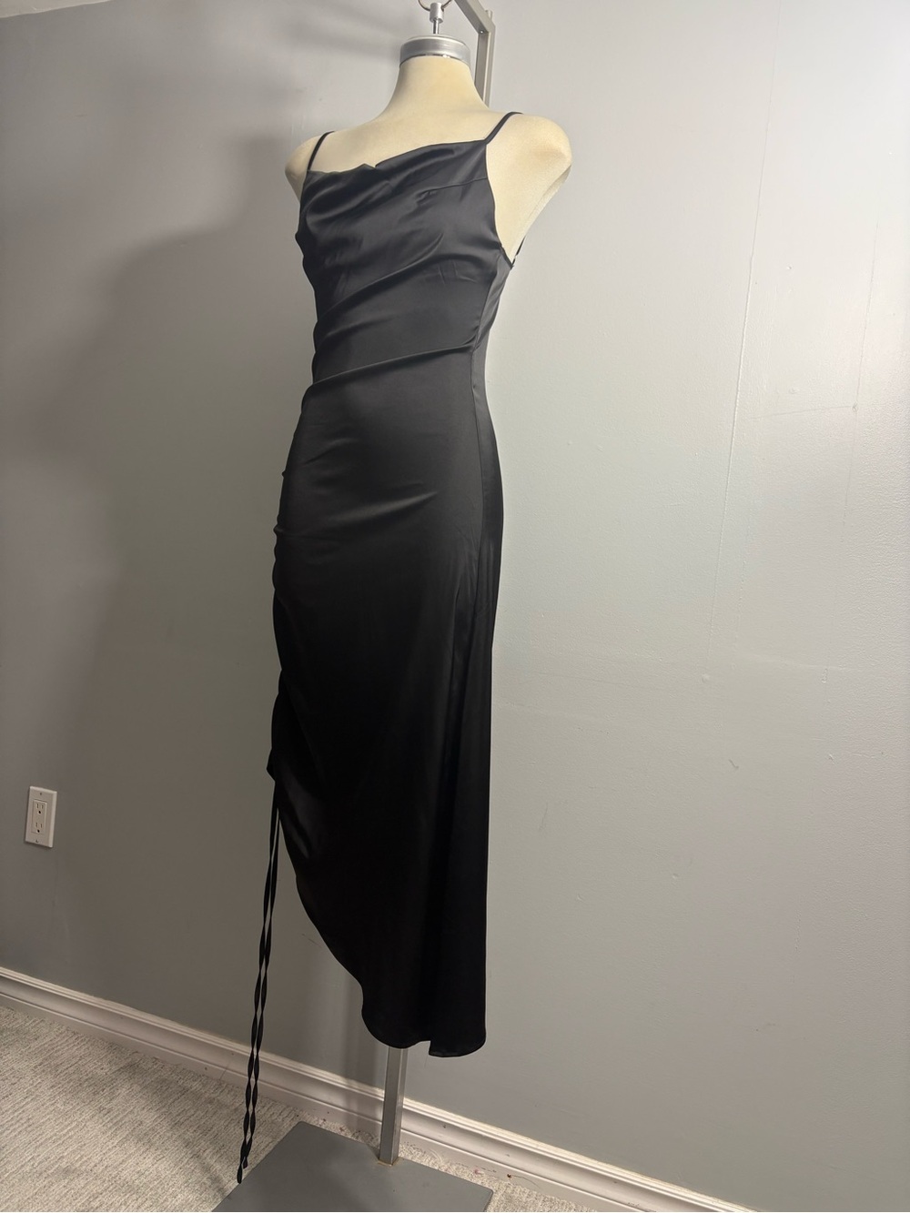 Sleek Black Asymmetrical Slip Dress with Cowl Neck